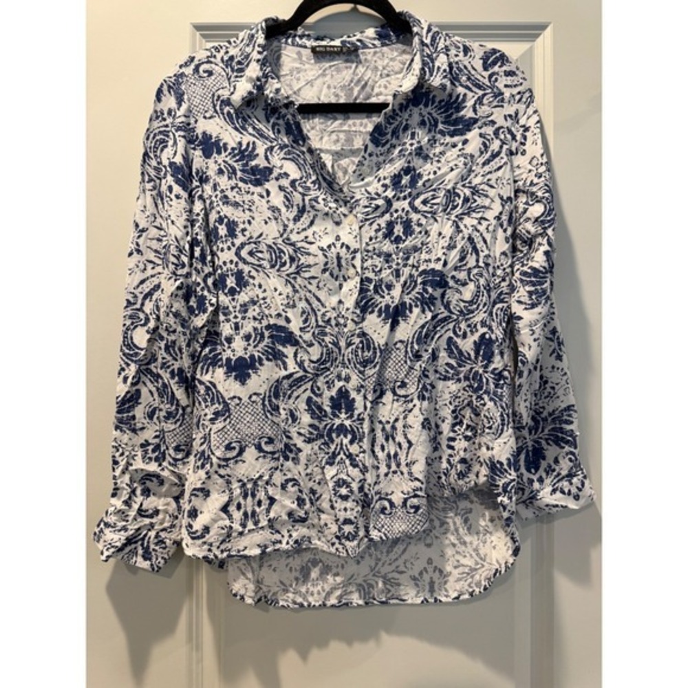 Big Dart Womens Blue White Paisley Damask Button Down Shirt Viscose Size 12 UK